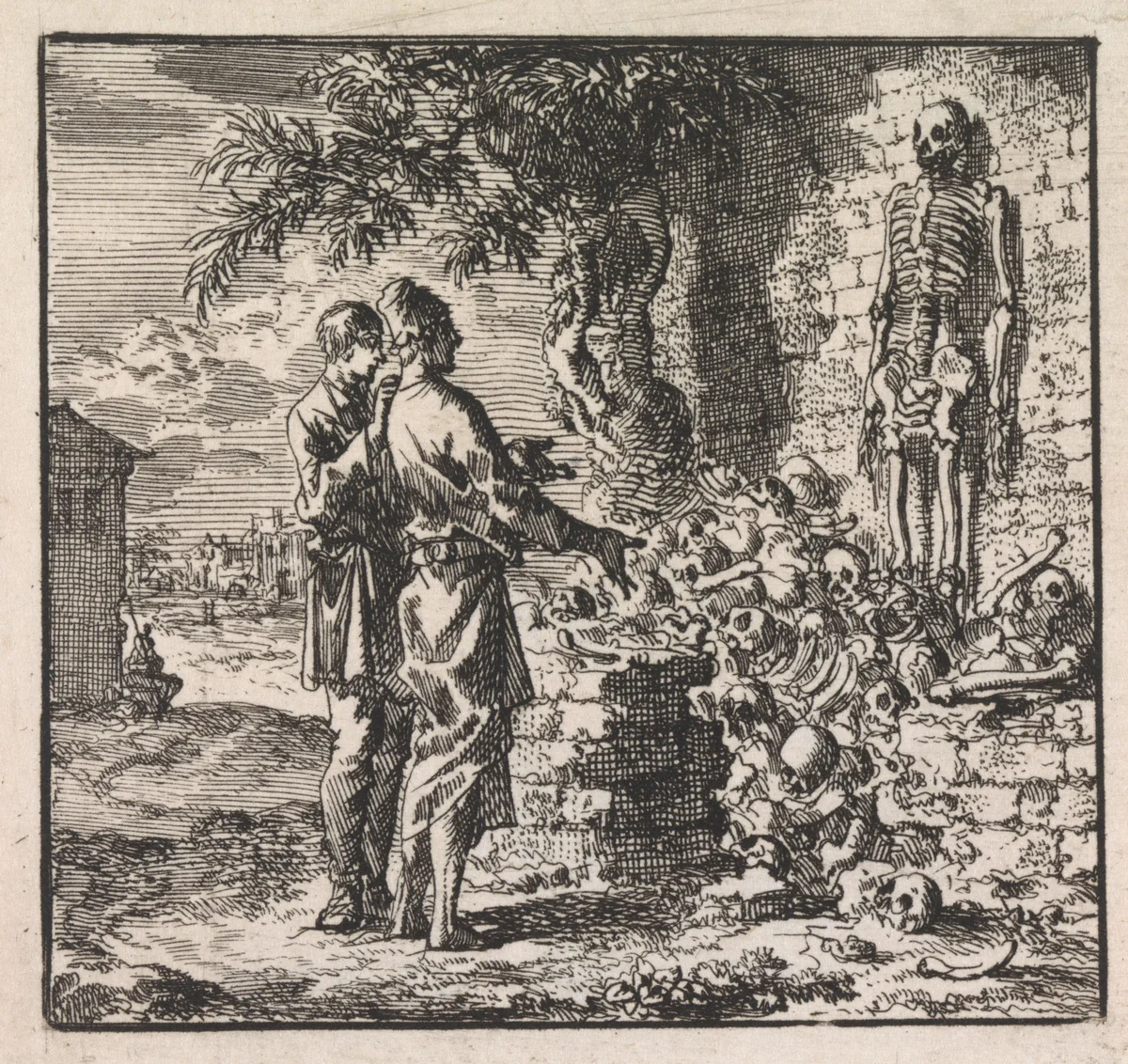 Twee mannen bij een knekelhuis by Jan Luyken, print, 1710