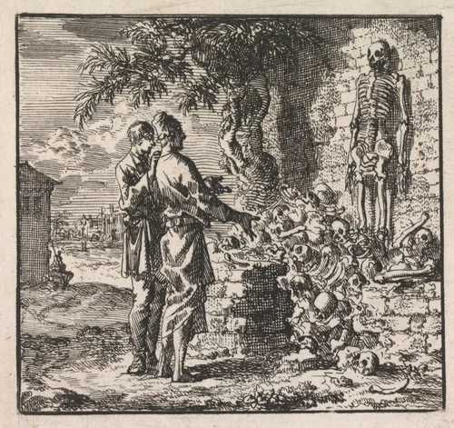 Twee mannen bij een knekelhuis by Jan Luyken, print, 1710
