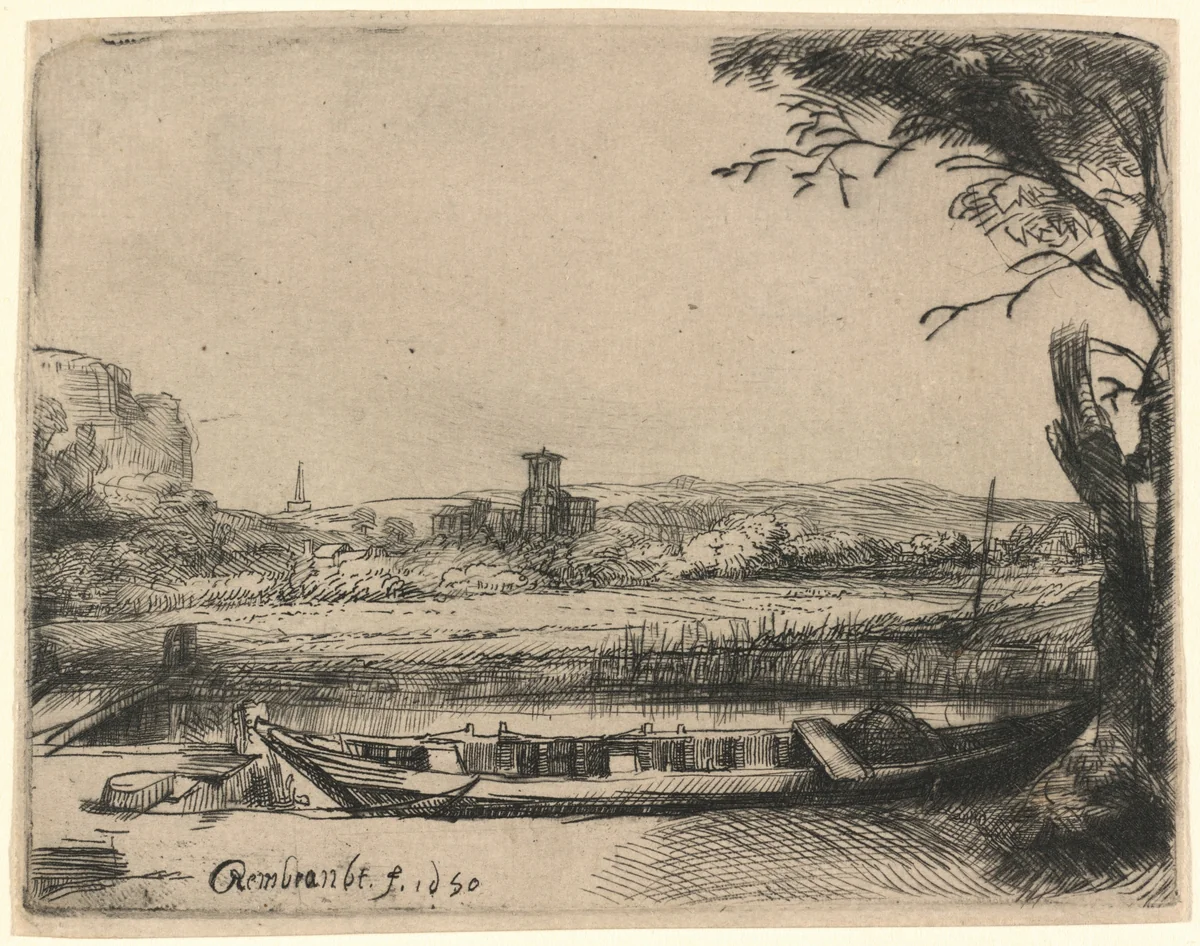 Canal with a Large Boat and Bridge by Rembrandt van Rijn, print, 1650