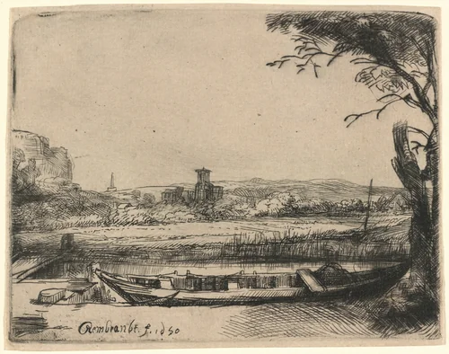 Canal with a Large Boat and Bridge by Rembrandt van Rijn, print, 1650