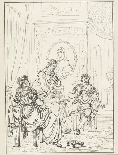 Historische scène met interieur met drie personen by Pieter Bartholomeusz. Barbiers, drawing, 1782-1837