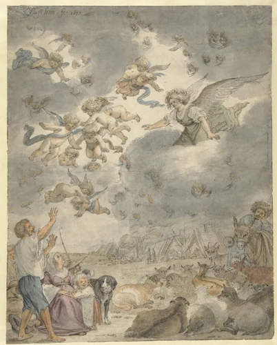 Annunciation to the Shepherds by Cornelis Saftleven, drawing, 1677