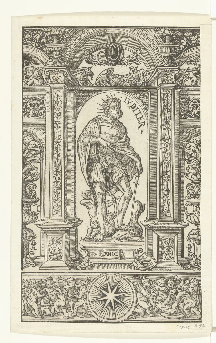 Jupiter met sterrenbeelden Boogschutter en Vissen by Unknown, print, 1483-1581