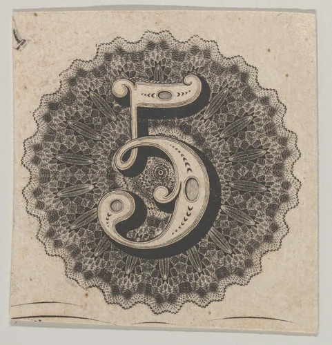 Banknote motif: number 5 against a circular panel of lace-like lathe work with a scalloped edge by Cyrus Durand, print, 1819-1847