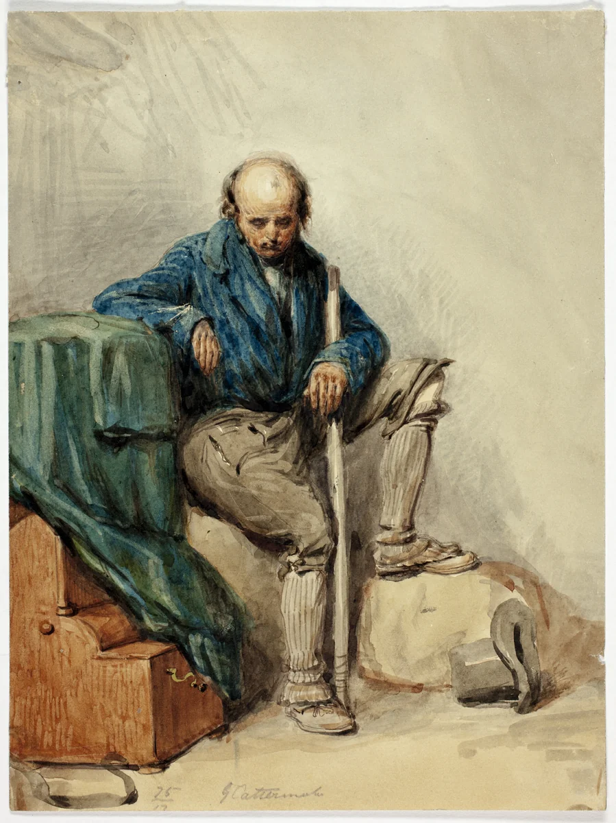 Bald Man Seated on Belongings (recto); Lady in a Yellow Gown (verso) by George Cattermole, painting, 1820-1868