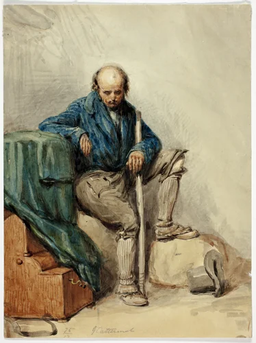Bald Man Seated on Belongings (recto); Lady in a Yellow Gown (verso) by George Cattermole, painting, 1820-1868