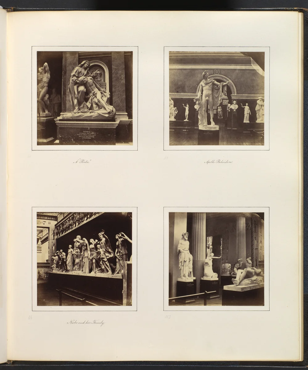 [Views in Greek Sculpture Gallery, Including A Pieta, Apollo Belvedere, Niobe and her Family, Priest of Bacchus and Farnese Torso] by Philip Henry Delamotte, photograph, 1857-1861