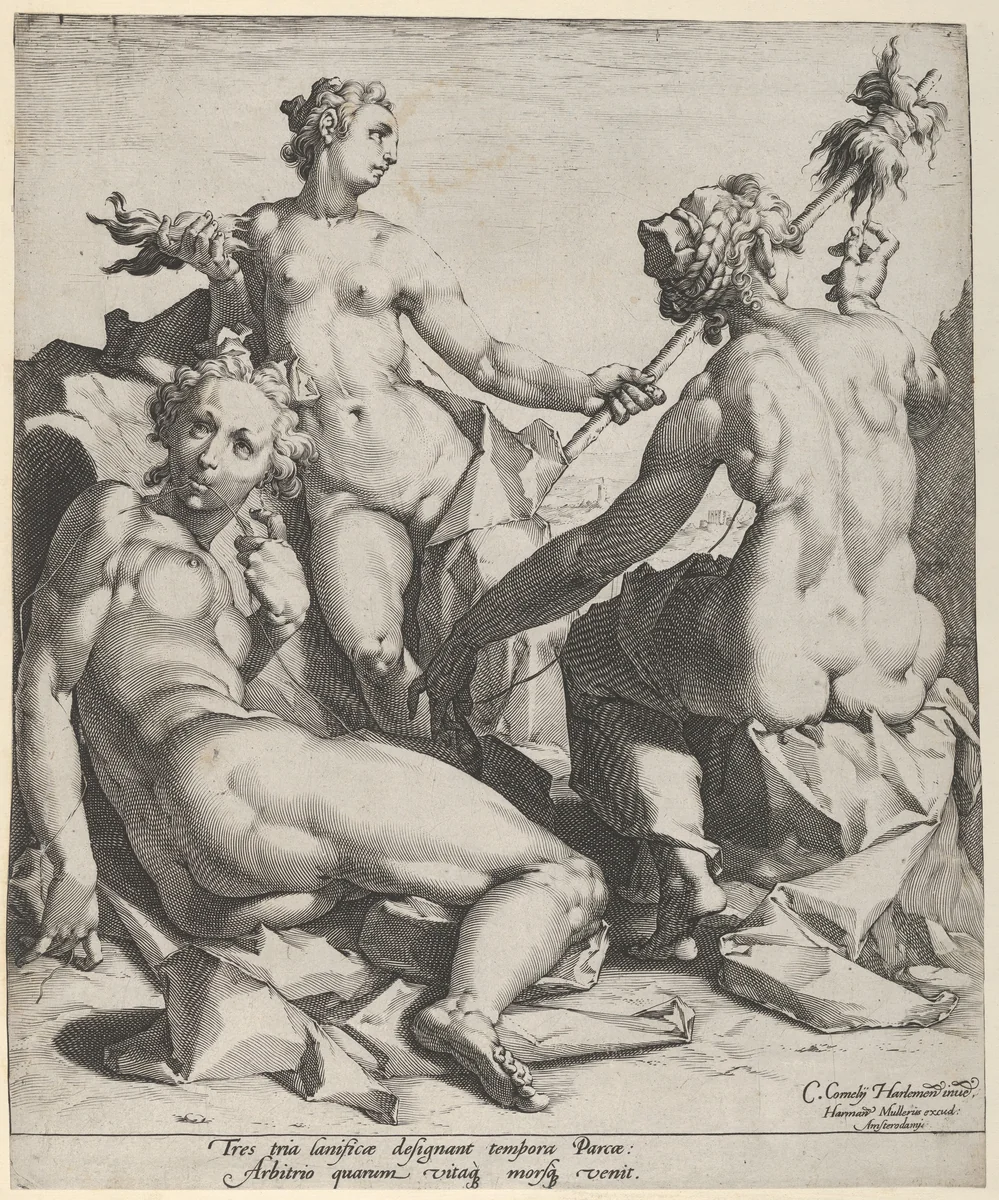 The Three Fates: Clotho, Lachesis and Atropos by Jan Muller, print, 1587-1591