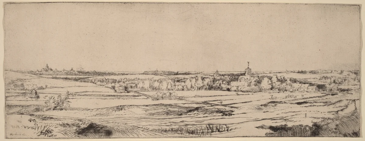 Landscape with a View toward Haarlem (The Goldweigher's Field) by Rembrandt van Rijn, print, 1651