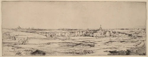 Landscape with a View toward Haarlem (The Goldweigher's Field) by Rembrandt van Rijn, print, 1651
