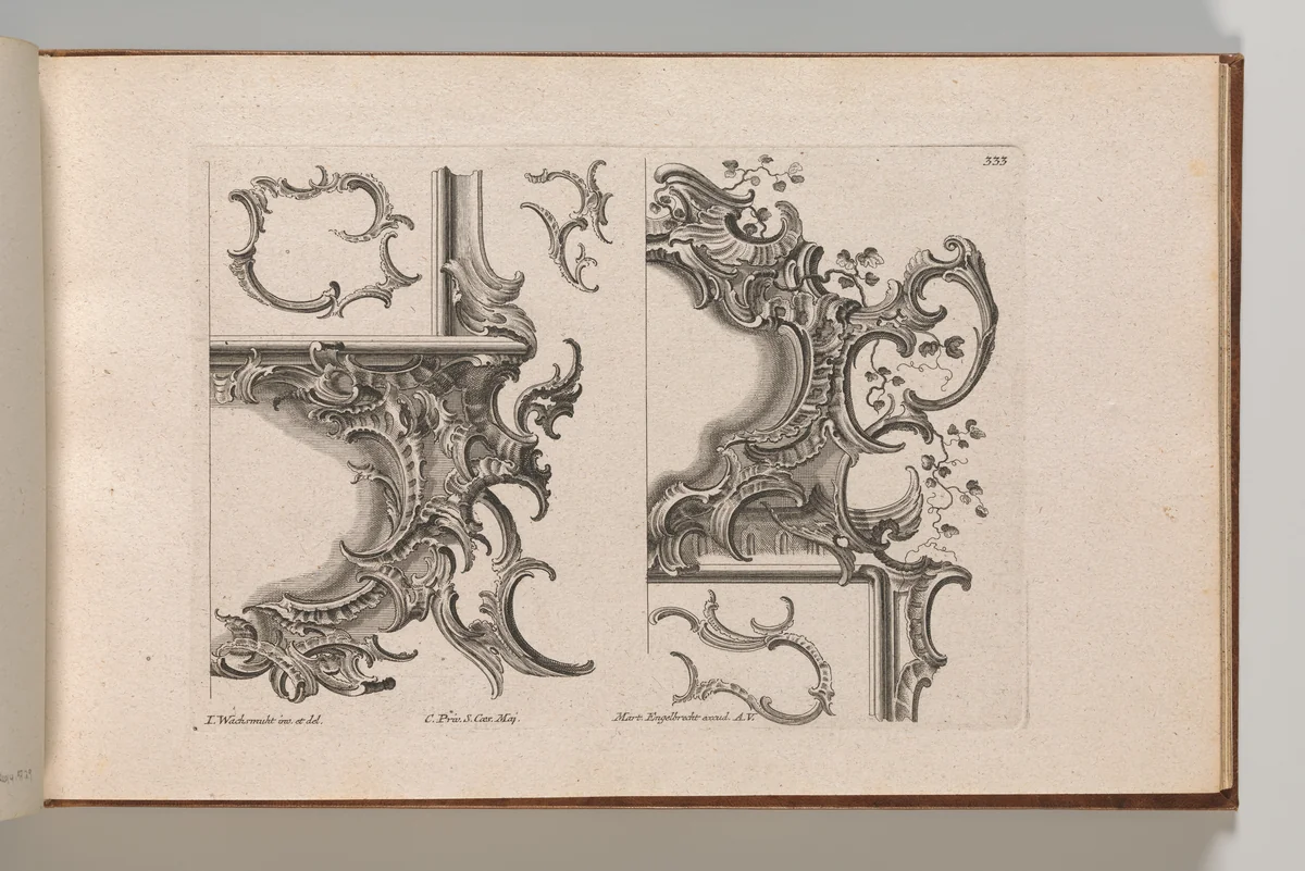 Suggestion for the Decoration of Lower Right and Top Right of a Framel, Plate 4 from an Untitled Series with Rocailles Ornaments for Window, Pier Glass and Door Frames by Jeremias Wachsmuth, book, 1745-1755
