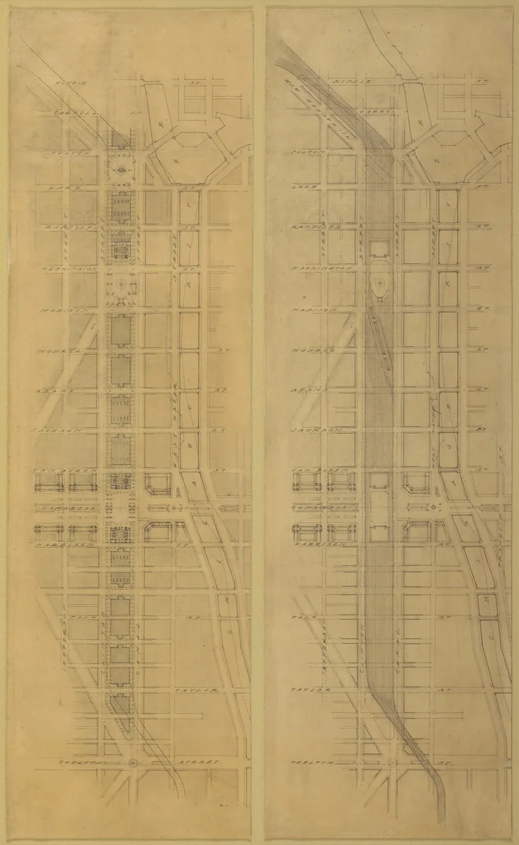 Plate 79 (2 Drawings) from The Plan of Chicago, 1909: Suggested Location and Arrangement of the Railway Passenger Stations West of the River. Overhead Scheme: 1. Plan at Street Level. 2. Plan Above Street Level by Daniel Hudson Burnham
Edward Herbert Bennett, drawing, 1909