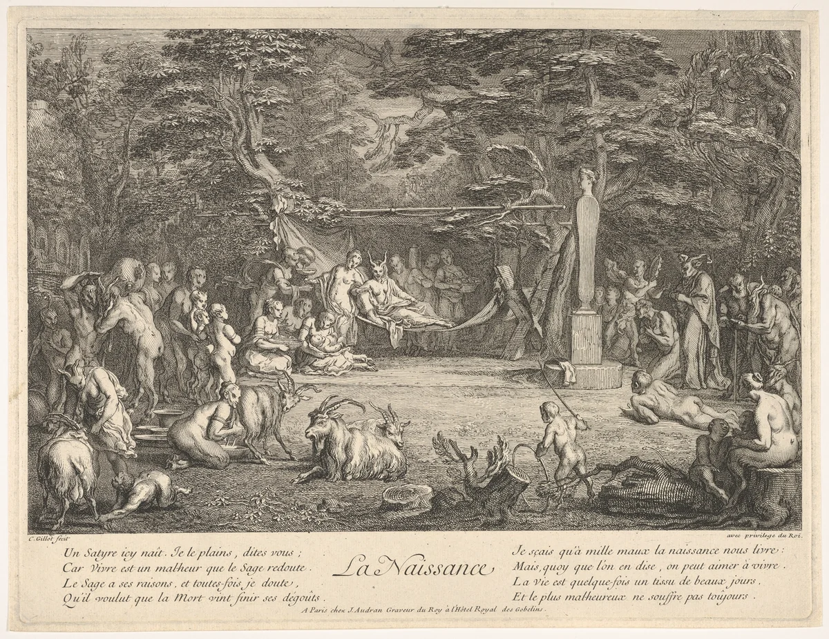 The Birth (La Naissance): in a forest, the new mother resting in a hammock at center, the newborn below her to left, various satyrs and goats surrounding, from "The lives of satyrs" (La vie des satyres) by Claude Gillot, print, 1700-1720