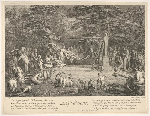 The Birth (La Naissance): in a forest, the new mother resting in a hammock at center, the newborn below her to left, various satyrs and goats surrounding, from "The lives of satyrs" (La vie des satyres) by Claude Gillot, print, 1700-1720