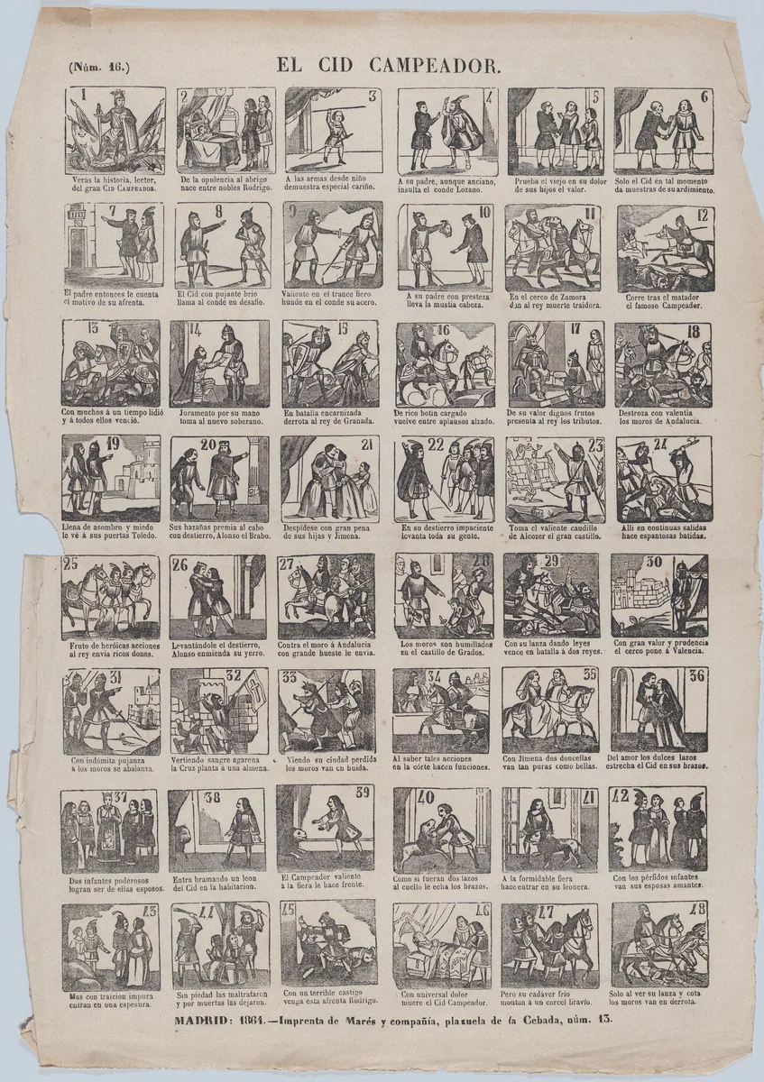 Broadside with 48 scenes depicting the adventures of the warrior El Cid Campeador by José María Marés, print, 1864