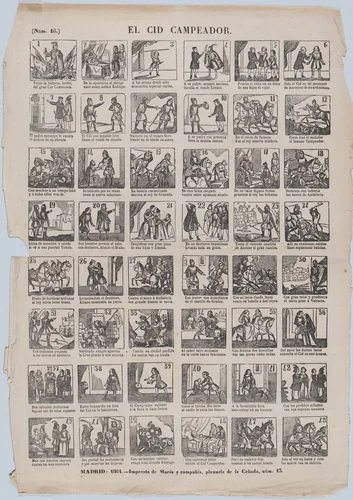 Broadside with 48 scenes depicting the adventures of the warrior El Cid Campeador by José María Marés, print, 1864
