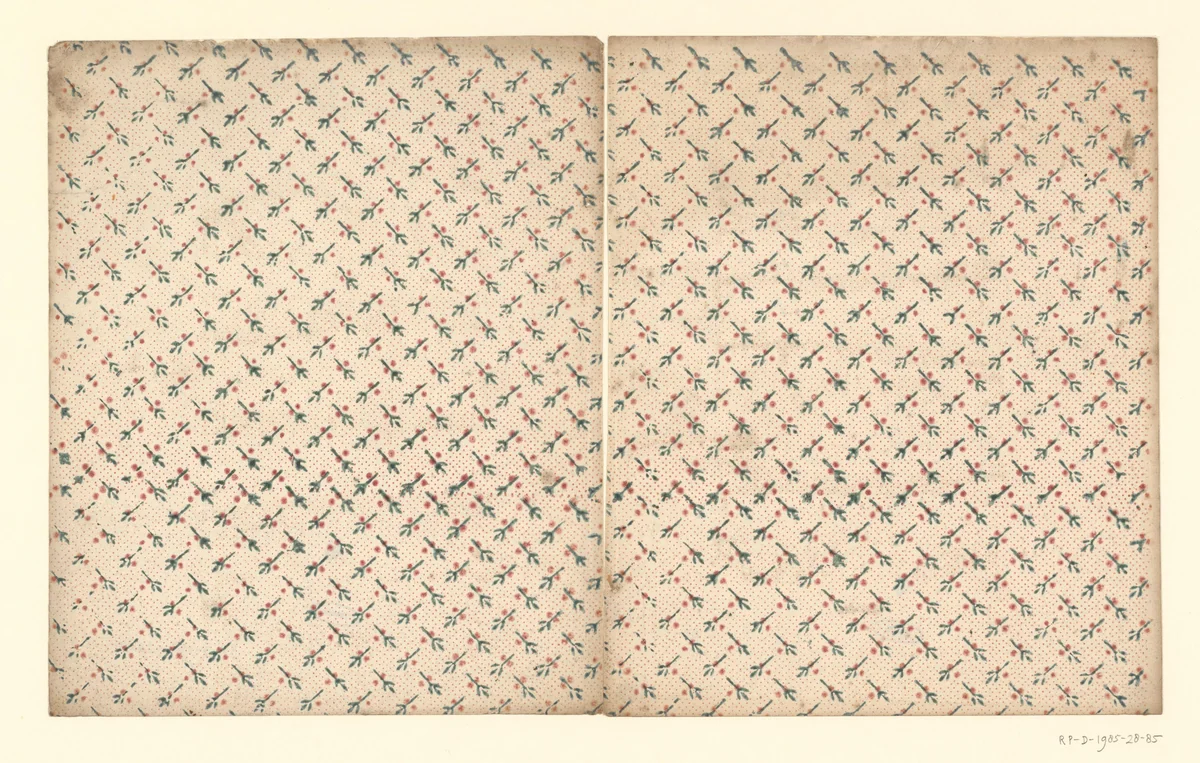 Twee bladen met strooipatroon van takje met vruchtjes op doorlopend puntenfond by anonymous, other, 1750-1900