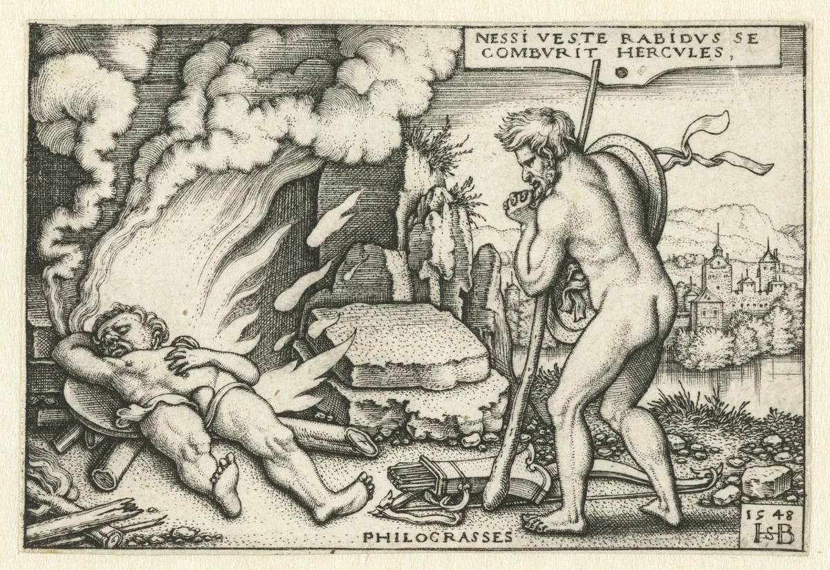Dood van Hercules op brandstapel en Philoctetes by Unknown, print, 1548