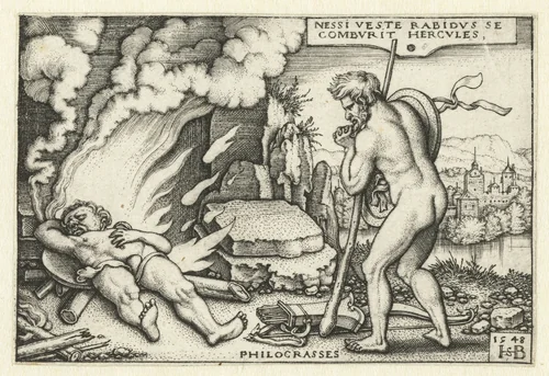 Dood van Hercules op brandstapel en Philoctetes by Unknown, print, 1548