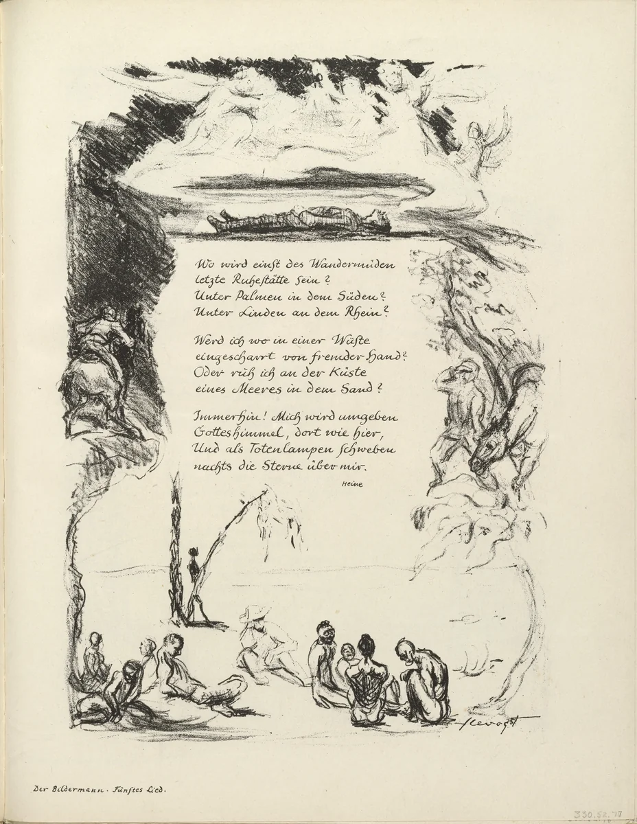 Untitled, illustration to Heinrich Heine's poem "Where?" ("Wo?") (border, 5th song, folio 43) from the periodical Der Bildermann, supplement to vol. 1, no. 9 (Aug 1916) by Max Slevogt, periodical, 1916
