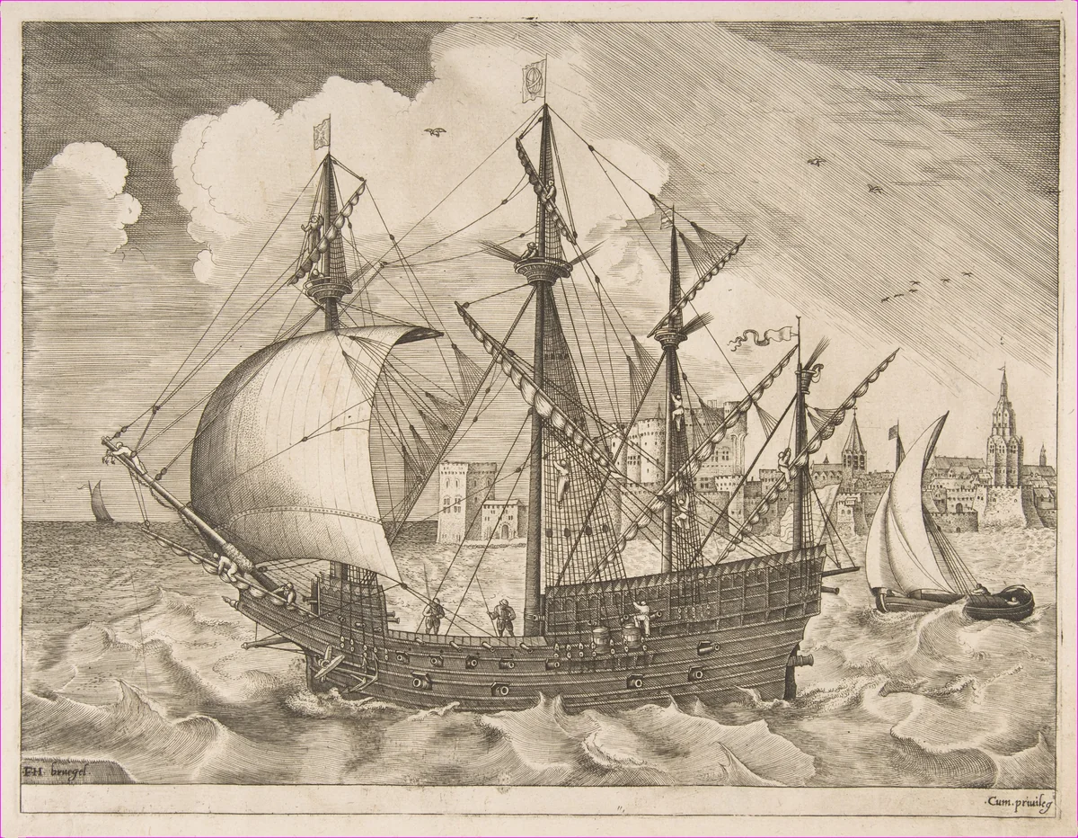 Armed Four-Master Putting Out to Sea from The Sailing Vessels by Frans Huys, print, 1550-1560