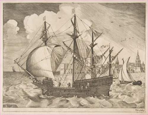Armed Four-Master Putting Out to Sea from The Sailing Vessels by Frans Huys, print, 1550-1560