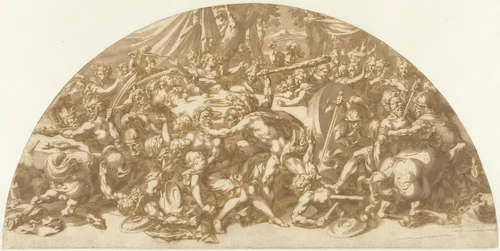 Strijd der Centauren en Lapithen op de bruiloft van Pirithoüs en Hippodamea by Jan de Bisschop, drawing, 1648-1671