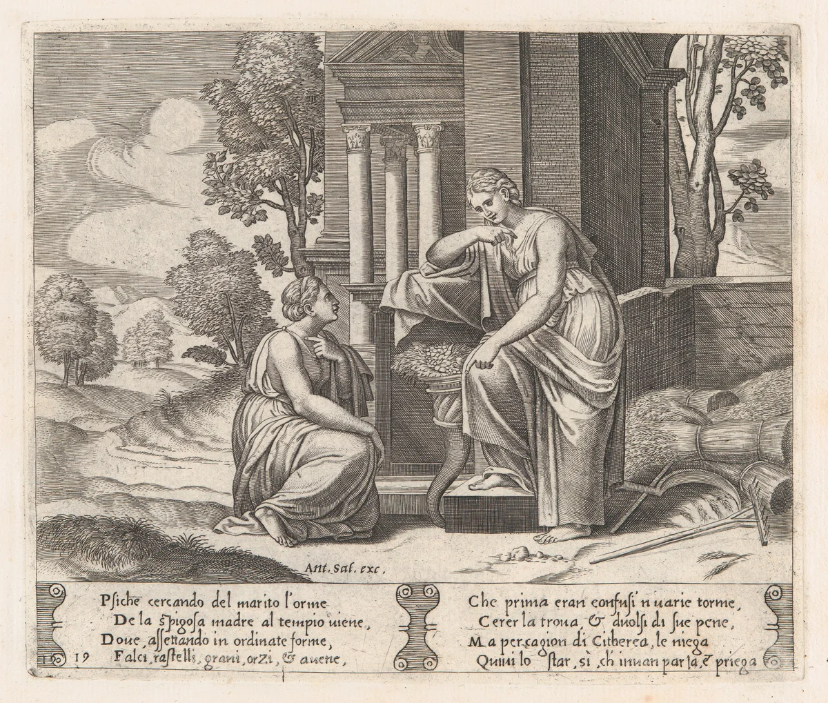 Plate 19: Ceres at right, leaning on a pedestal, refusing to assist Psyche, from "The Story of Cupid and Psyche as told by Apuleius" by Master of the Die, print, 1530-1560