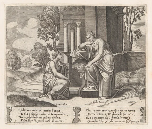 Plate 19: Ceres at right, leaning on a pedestal, refusing to assist Psyche, from "The Story of Cupid and Psyche as told by Apuleius" by Master of the Die, print, 1530-1560