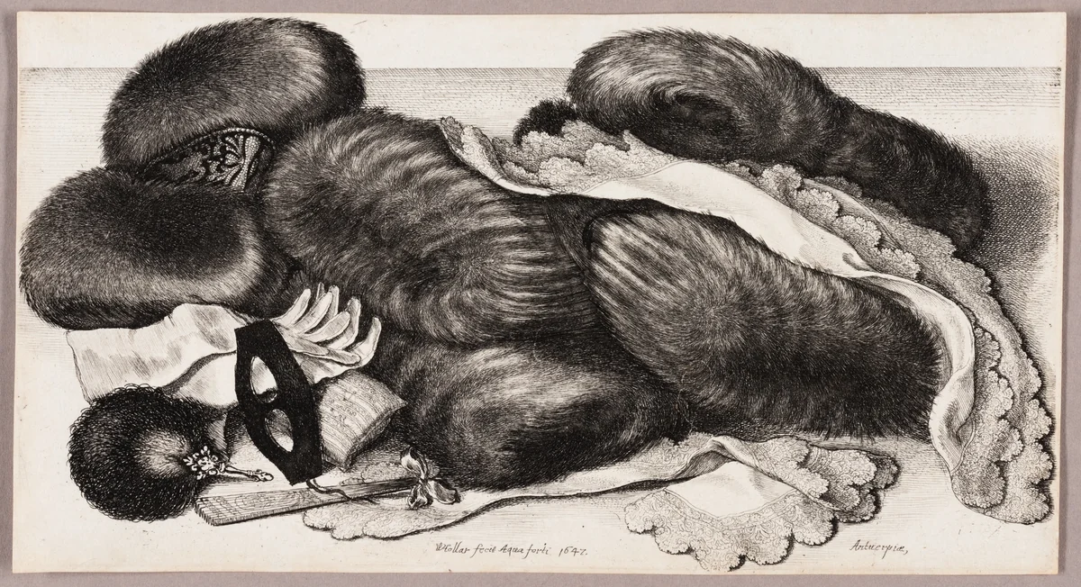 Still-Life with a Group of Muffs, a Pair of Gloves, and Two Kerchiefs by Wenceslaus Hollar, print, 1647