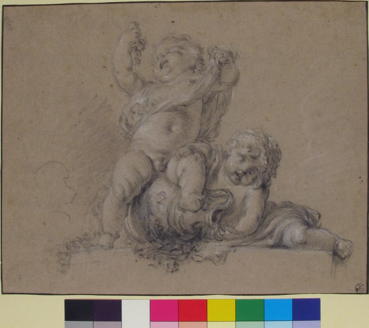 Two Putti, One Holding Aloft a Bunch of Grapes by Clodion, drawing, 1740-1814
