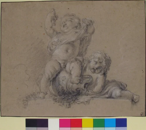 Two Putti, One Holding Aloft a Bunch of Grapes by Clodion, drawing, 1740-1814