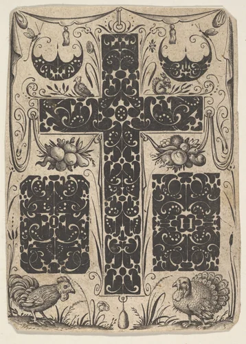 Latin Cross with Birds and Smaller Motifs by Jacques Hurtu, print, 1614-1619