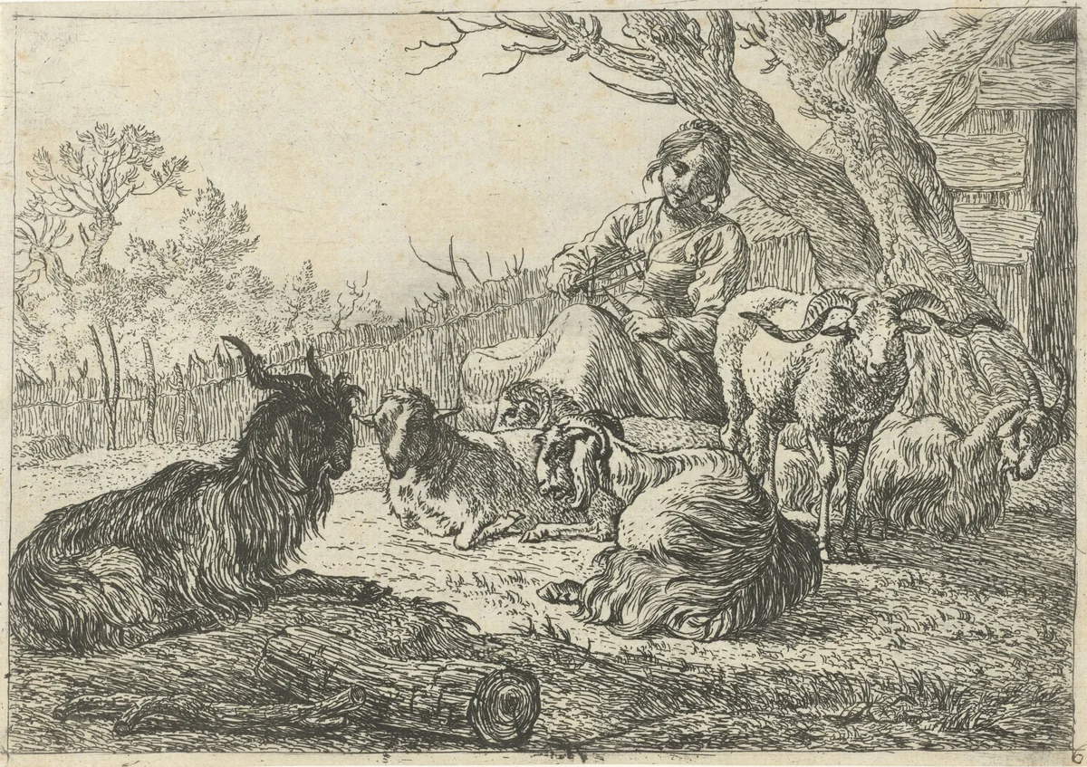 Herderin te midden van geiten en schapen by Pieter Bodding van Laer, print, 1636