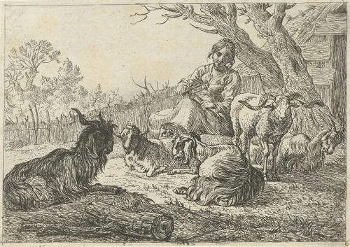 Herderin te midden van geiten en schapen by Pieter Bodding van Laer, print, 1636