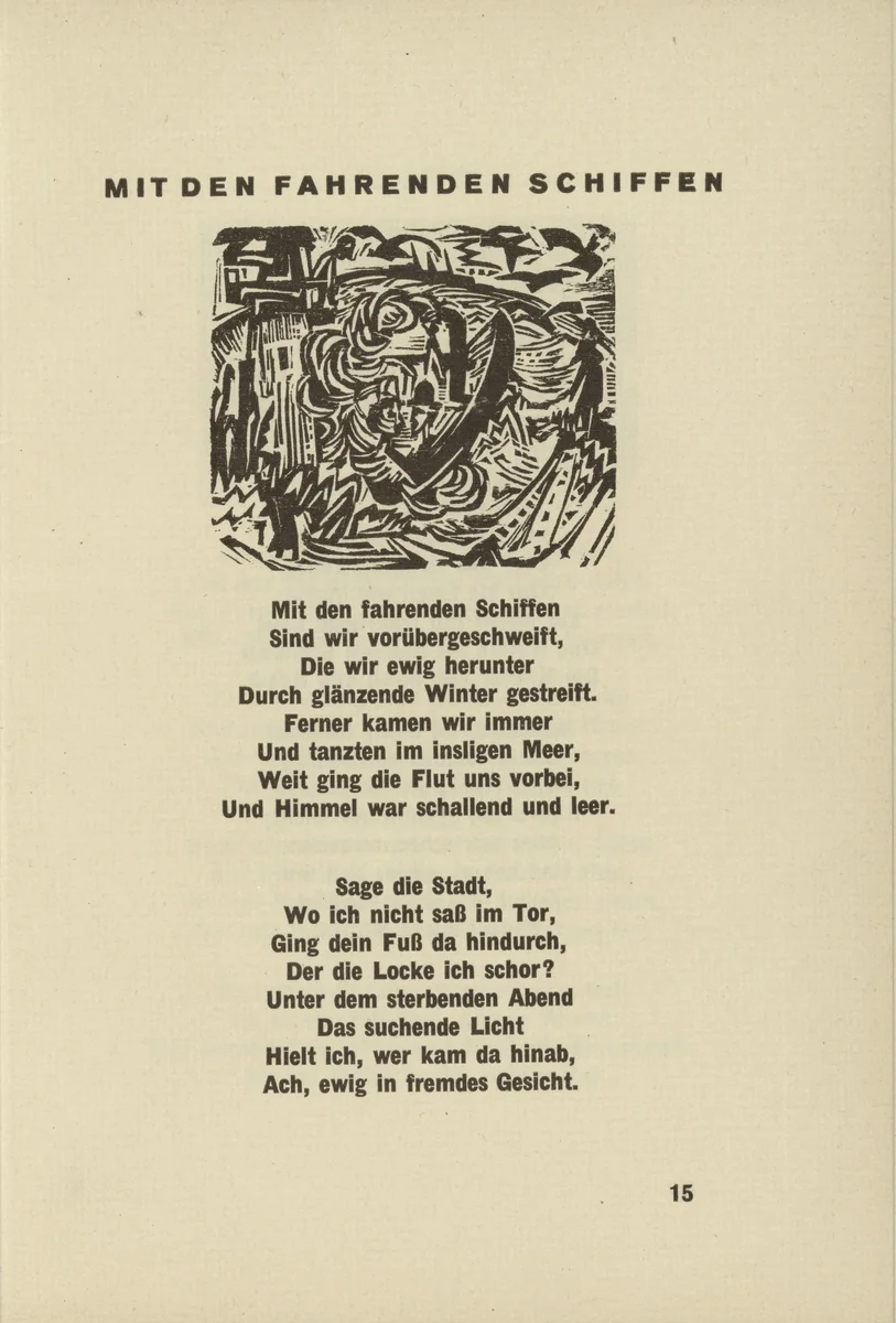 With Travelling Ships (Mit den fahrenden Schiffen) (headpiece, page 15) from Umbra vitae (Shadow of Life) by Ernst Ludwig Kirchner, illustrated book, 1924