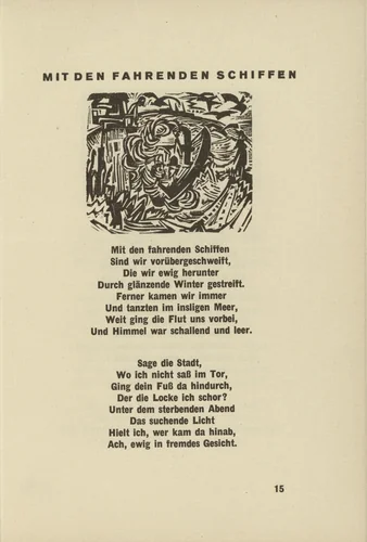With Travelling Ships (Mit den fahrenden Schiffen) (headpiece, page 15) from Umbra vitae (Shadow of Life) by Ernst Ludwig Kirchner, illustrated book, 1924