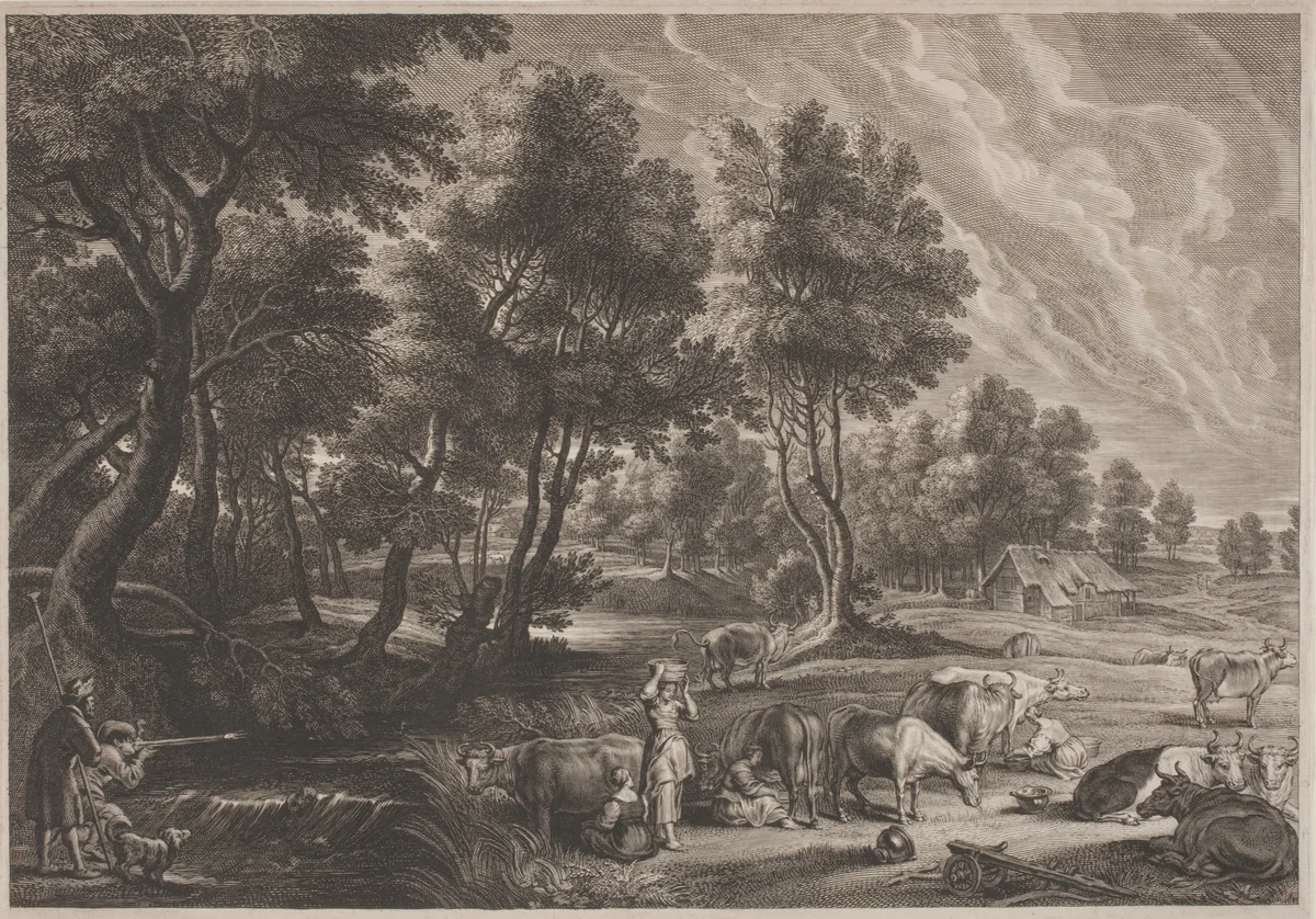 Farm Landscape with Hunters and Milkmaids by Schelte Adams Bolswert, print, 1586-1659