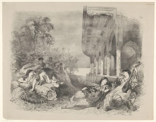 Scène uit toneelstuk met oosterse vrouwen by Charles Rochussen, print, 1865-1868