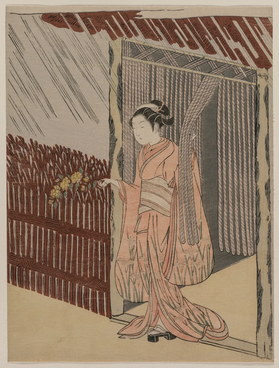 A Girl Dressing in Pink by Suzuki Harunobu (鈴木春信), print, 1766
