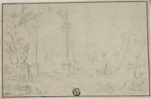 Ruins in a Park, Two Figures by Francesco Guardi, drawing, 1700-1799