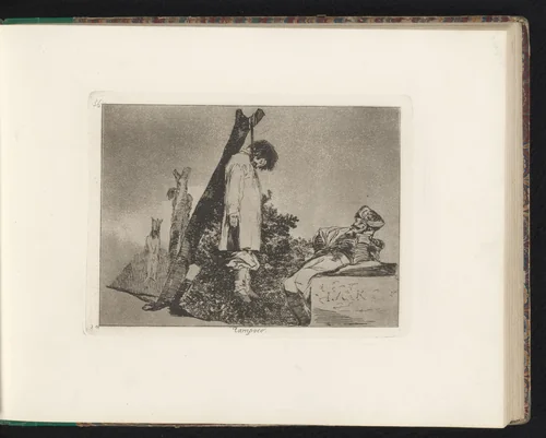 Soldaat rust uit naast een gehangene by Francisco de Goya, book, 1810-1820