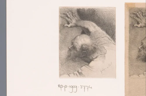 Studie van een oude man met uitgestrekte arm by Auguste Danse, print, 1839-1909