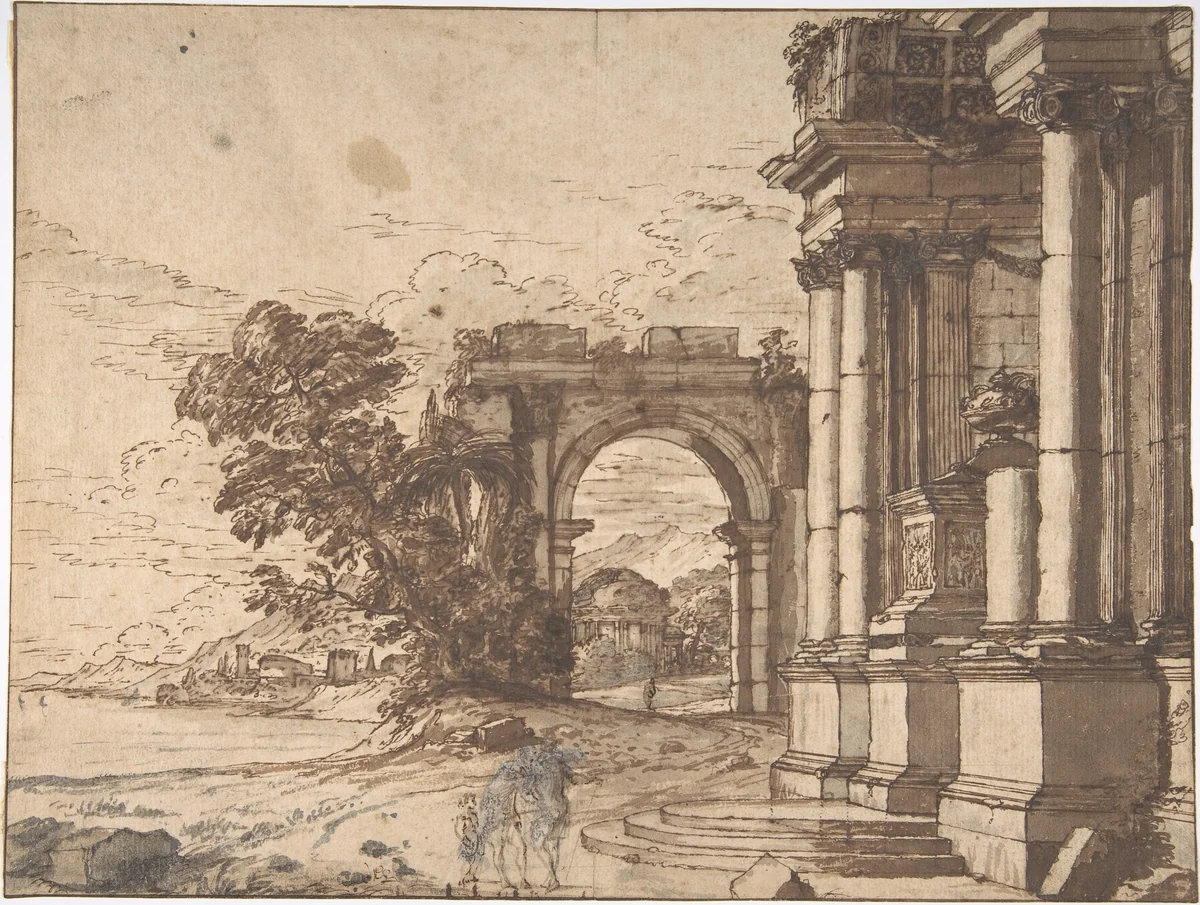 Landscape with Classical Architecture by a Lake by anonymous, drawing, 1600-1699