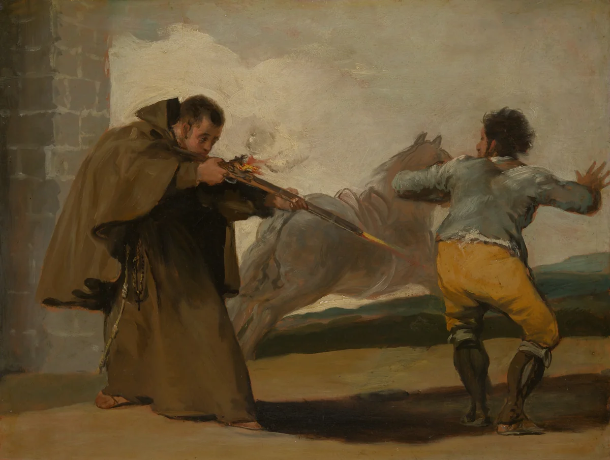 Friar Pedro Shoots El Maragato as His Horse Runs Off by Francisco José de Goya y Lucientes, painting, 1801-1811