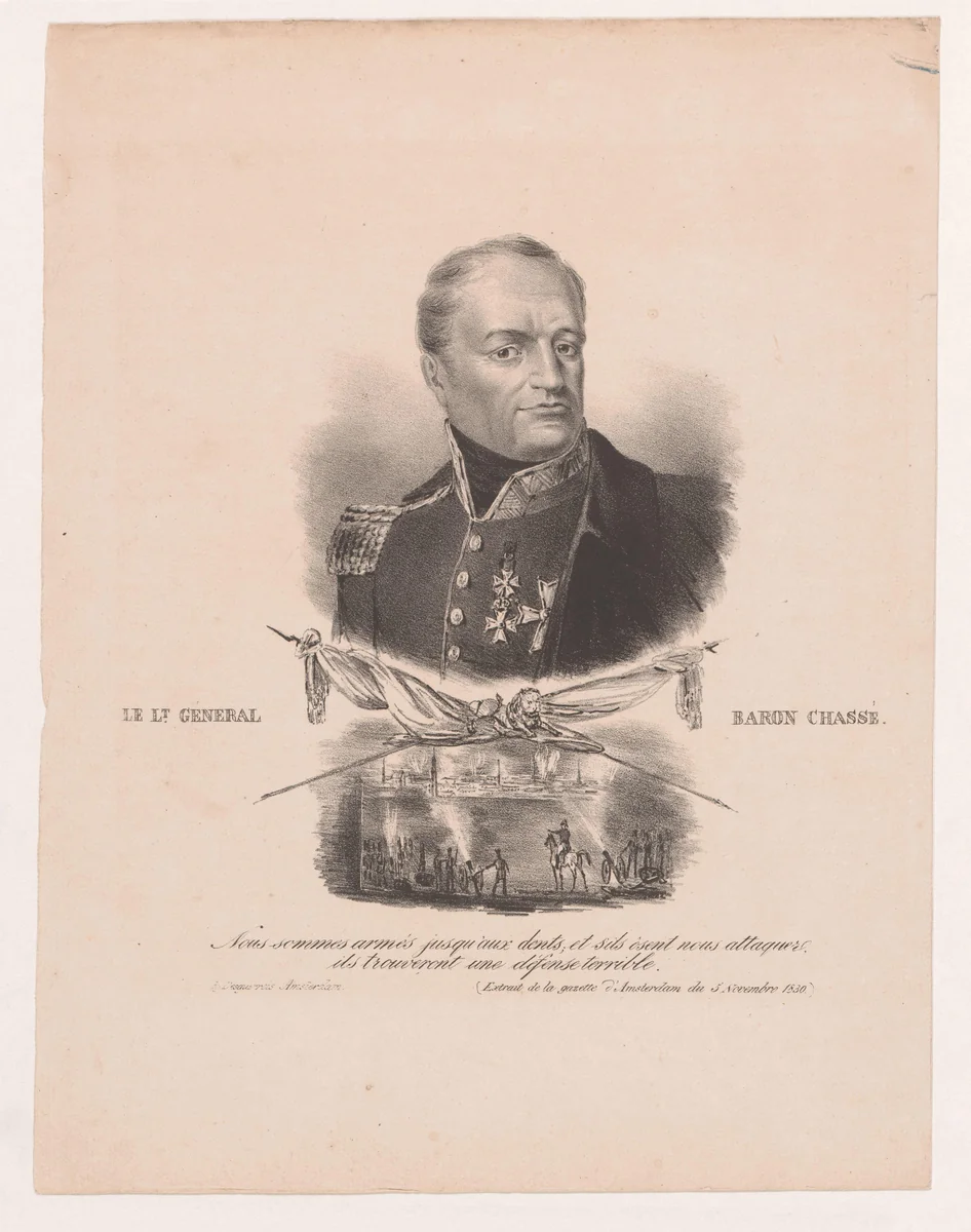 Portret van Baron Chasse met vignet by anonymous, print, 1830
