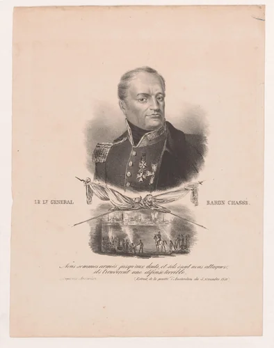 Portret van Baron Chasse met vignet by anonymous, print, 1830
