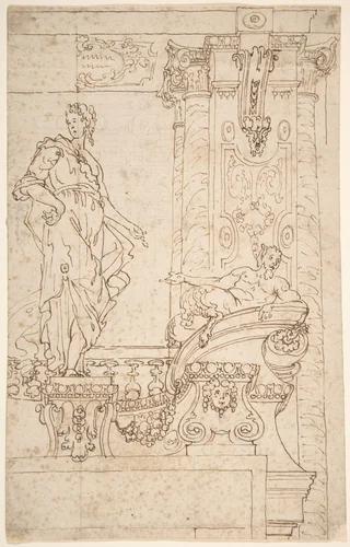 Sketch of Balcony and Pier (?) With Standing Female and a Reclining Satyr by anonymous, drawing, 1700-1800