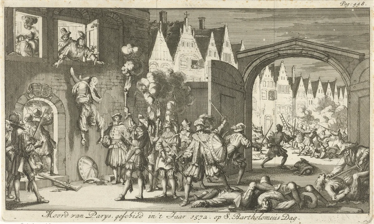 Moordpartij tijdens de Bartholomeüsnacht te Parijs, 1572 by Jan Luyken, print, 1685