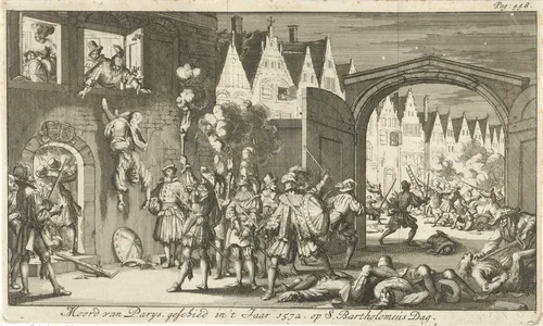 Moordpartij tijdens de Bartholomeüsnacht te Parijs, 1572 by Jan Luyken, print, 1685